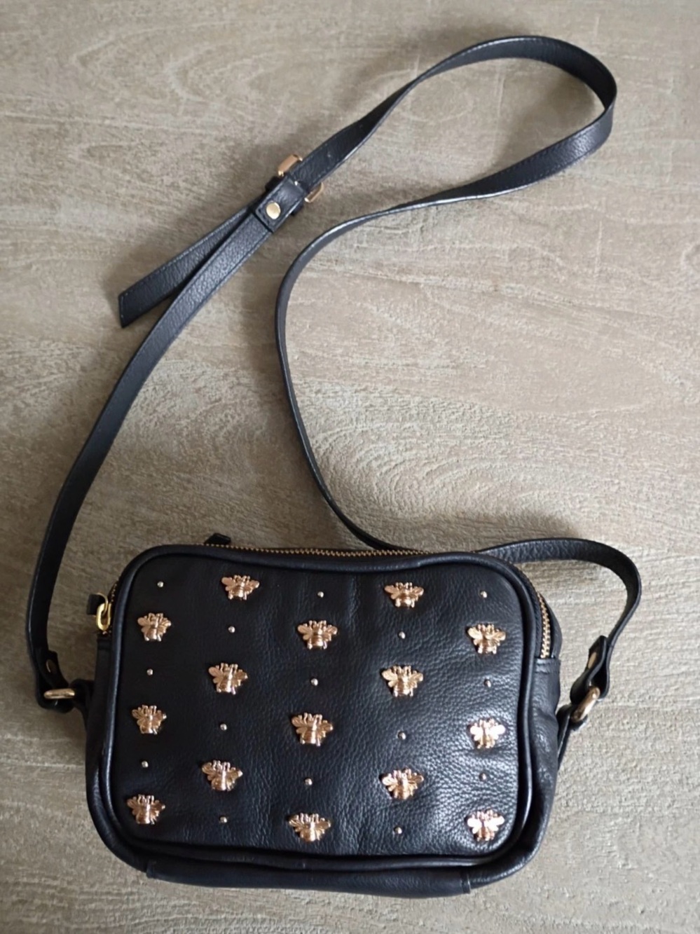 Black Leather Crossbody Bag with silver stud accents by Nooki